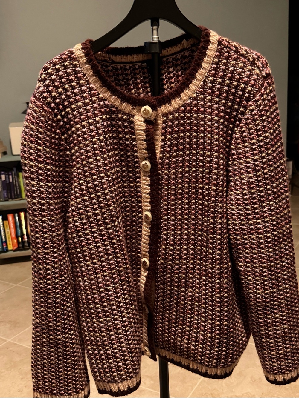 Talbots Maroon and Cream Knit Button-Front Cardigan
